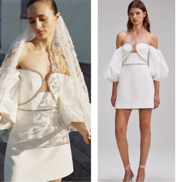 Self-Portrait Bonded Crepe Puff Sleeve Crystal Embellished White Mini Dress Sz 2 - Picture 2 of 13